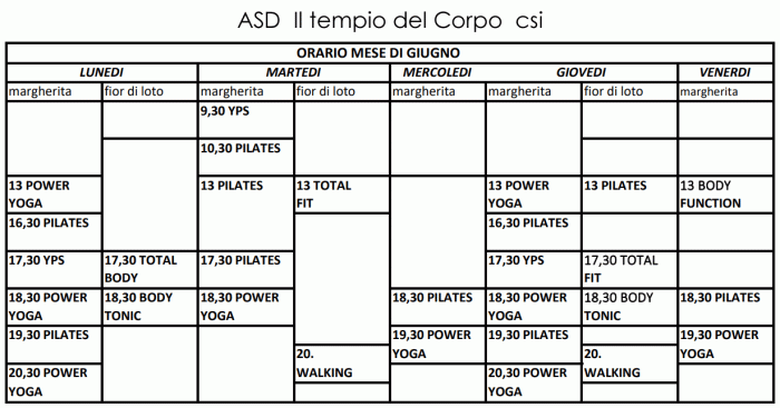 Il Tempio del Corpo - Orario Corsi Giugno 2022